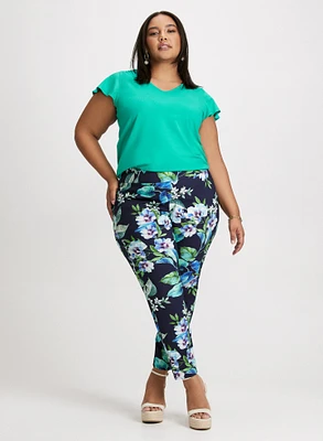 Ruched Detail Cap Sleeve T-Shirt & Pull-On Floral Ankle Pants