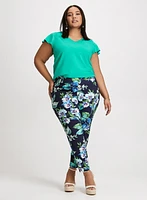 Ruched Detail Cap Sleeve T-Shirt & Pull-On Floral Ankle Pants