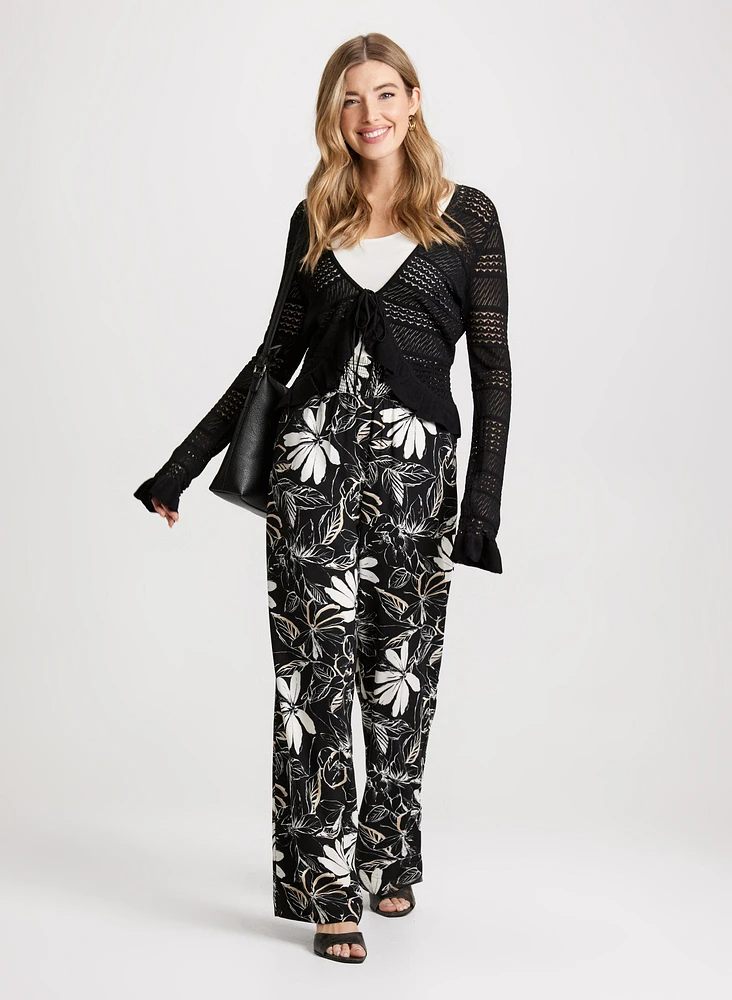 Pointelle Cardigan & Floral Wide Leg Pants