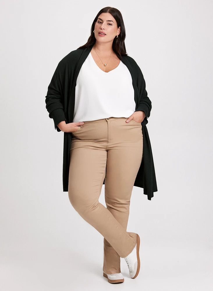 Button Detail Open-Front Cardigan & Coated Slim Leg Jeans