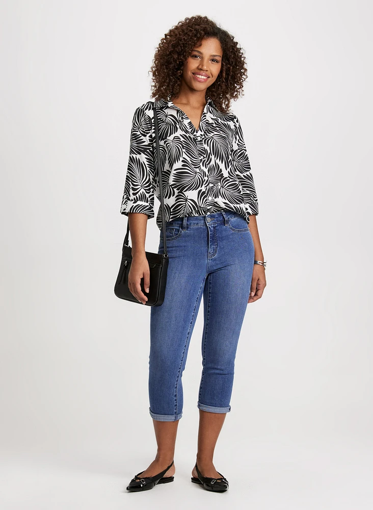 Palm Print Button Down Blouse & Rolled Hem Straight Leg Jeans