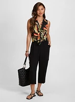 Sleeveless Leaf Print Blouse & Cargo Pull-On Capris