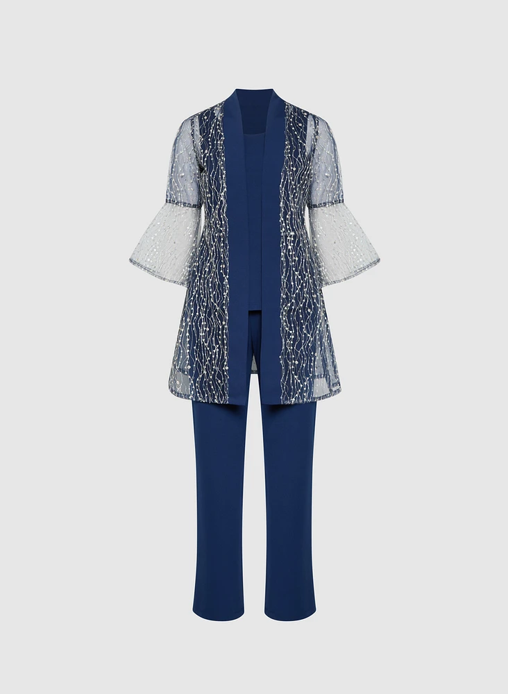 Sequined Mesh Jacket, Top & Pants Set