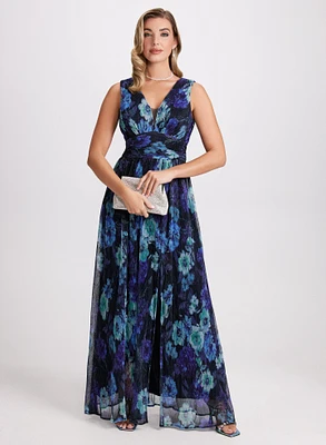 Robe de soirée plissée à motif floral