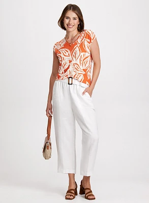 Leaf Print Top & Belted Linen-Blend Capris