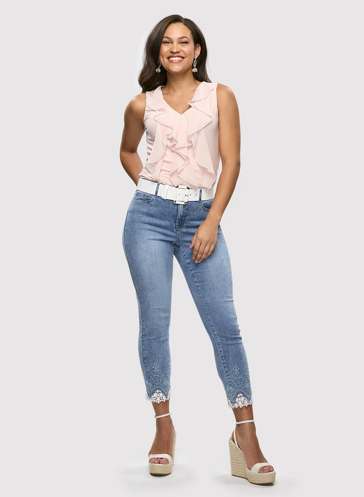 Sleeveless Ruffle Top & Lace Hem Ankle Jeans