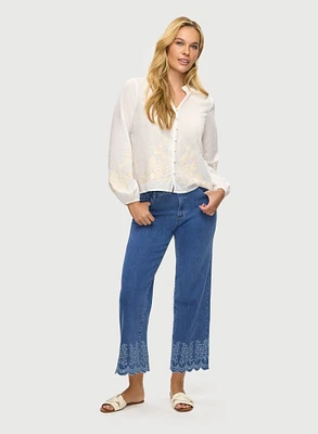 Button Down Blouse & Embroidered Capri Jeans