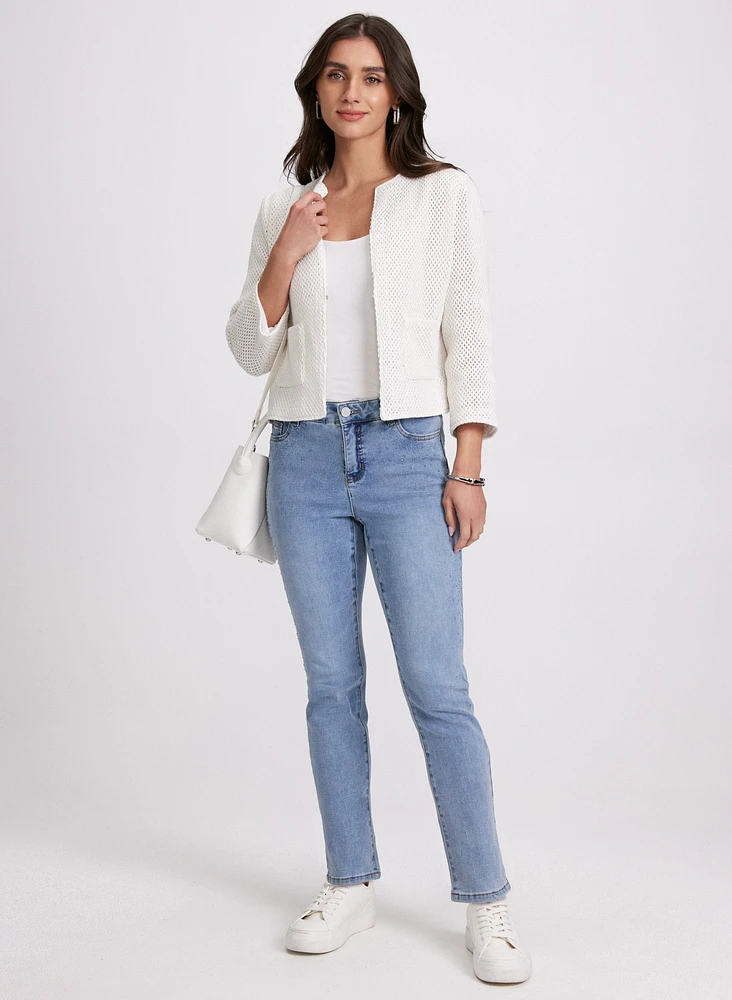 Short Crochet Jacket & Tonal Stone Embellished Straight-Leg Jeans