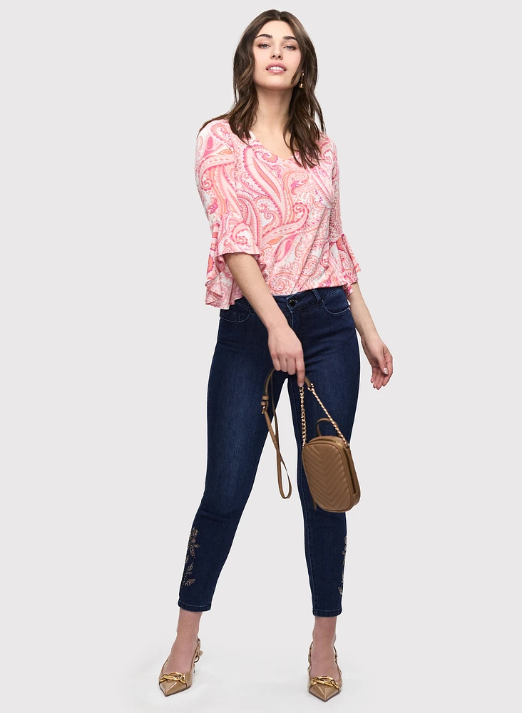 Paisley Bell Sleeve Top & Embellished Ankle Jeans