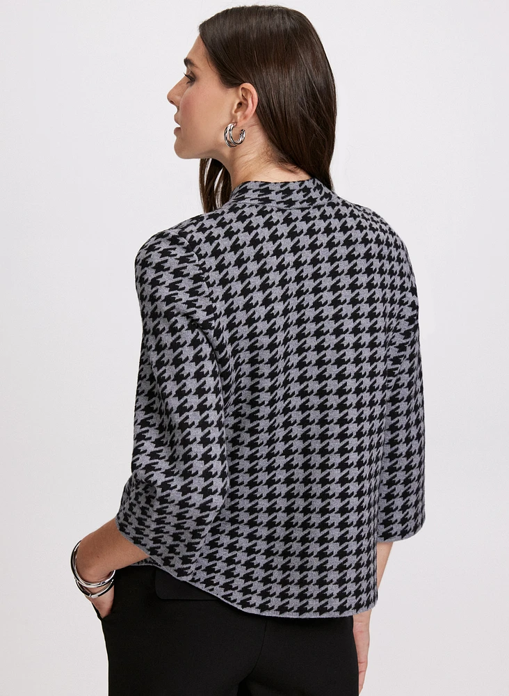 Houndstooth Print Mock Neck Cardigan