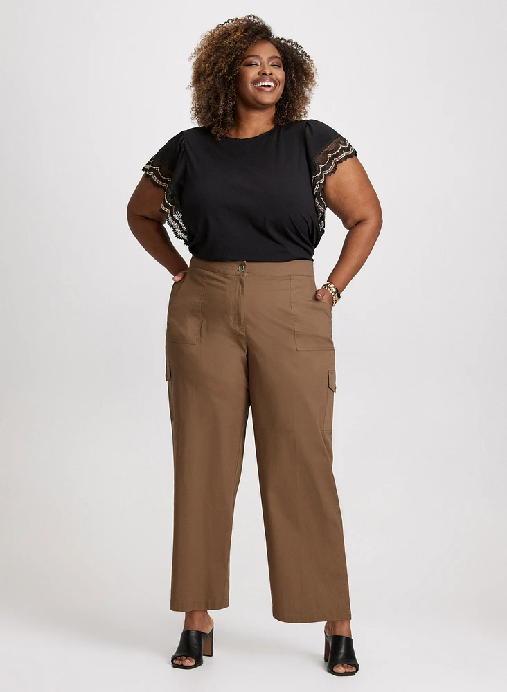 Crochet Trim Cap Sleeve T-Shirt & Wide Leg Cargo Pants