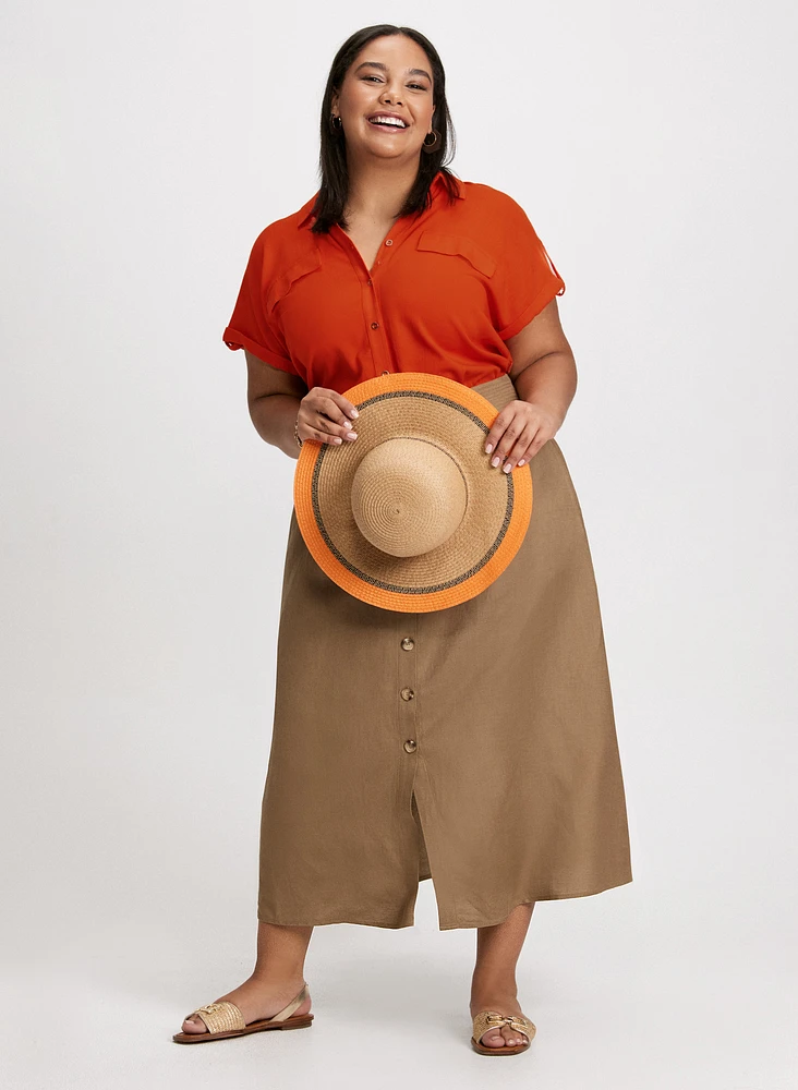 Tie Detail Button Down Blouse & Linen-Blend Buttoned Midi Skirt