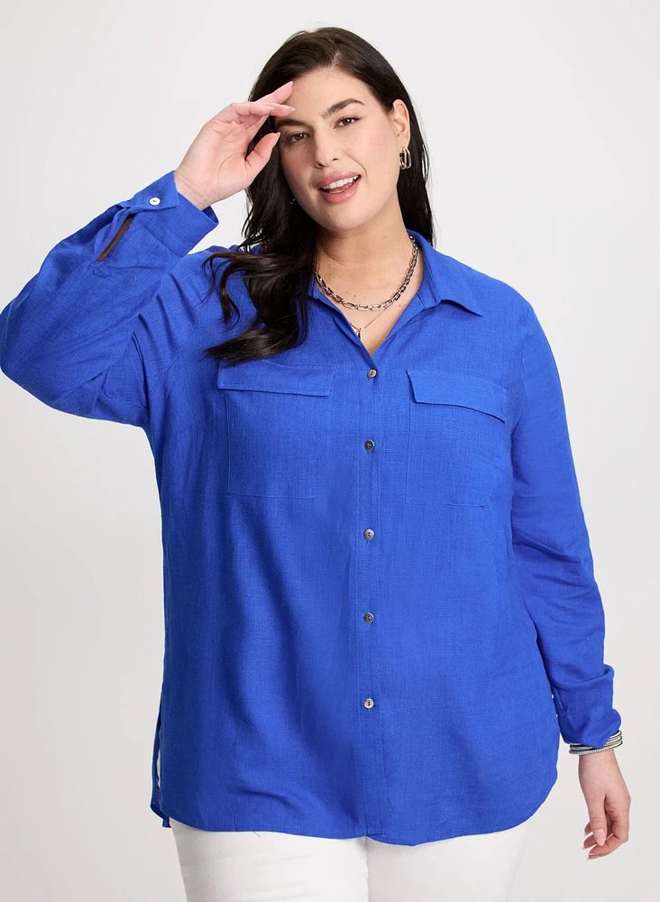 Rolled Sleeves Linen Blend Blouse