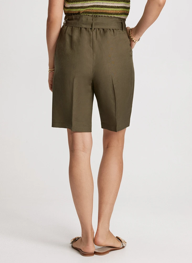 Short ceinturé en mélange de lin