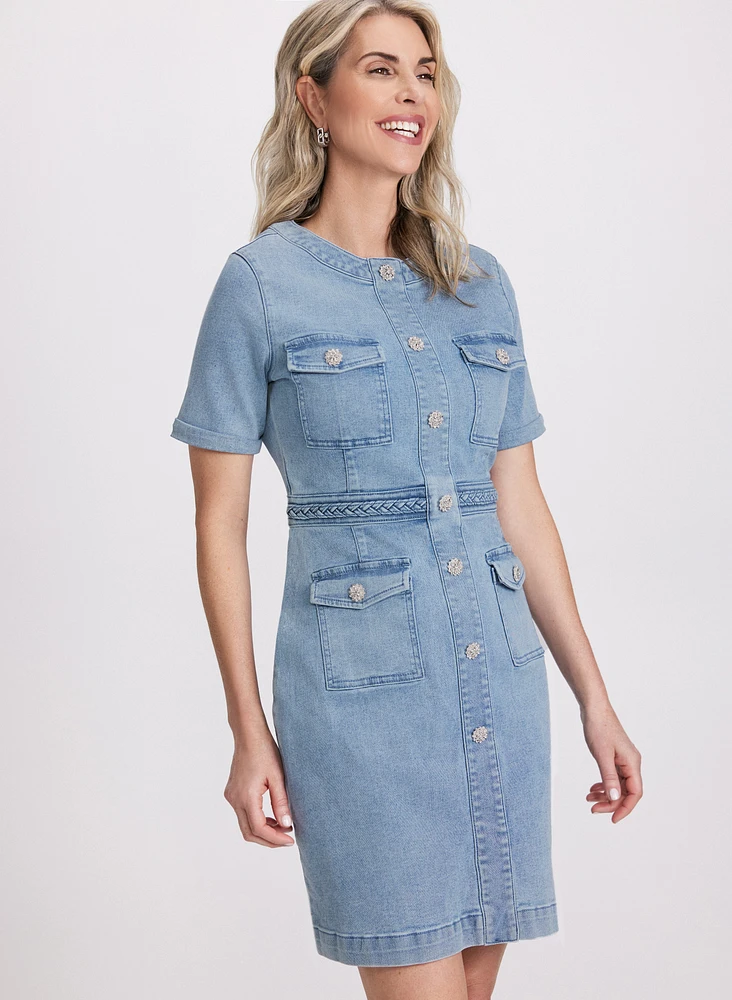 Denim Crystal-Embellished Button Dress