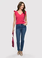 Ruffle Cap Sleeve Top & Essential Straight Leg Jeans