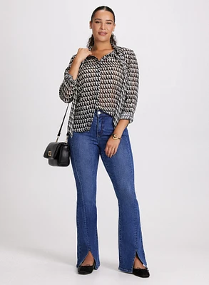 Houndstooth Print Blouse & Flared Slit Jeans