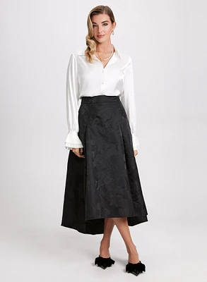 Jacquard Midi Skirt & Satin Rhinestone Button Blouse