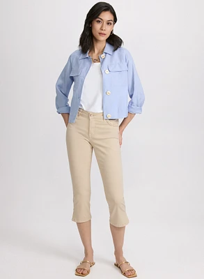Short Linen Jacket & Braided Trim Denim Capris