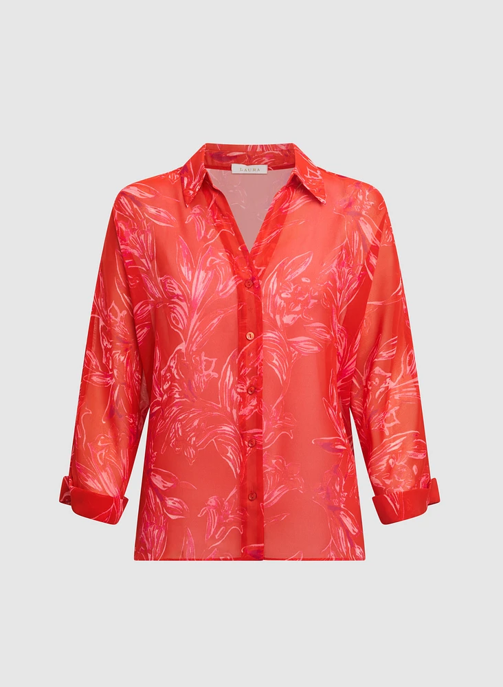 Leaf Print Chiffon Blouse