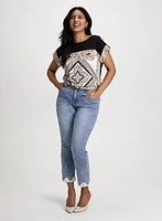 Drop Shoulder Printed T-Shirt & Lace Hem Jeans