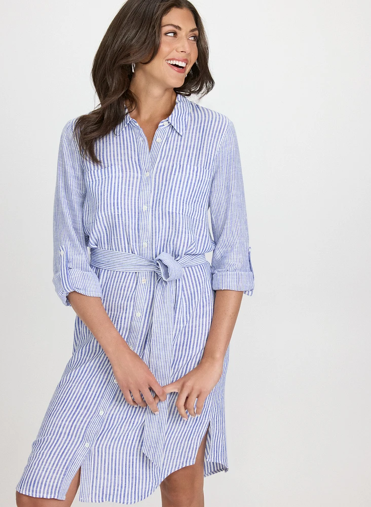 Striped Linen-Blend Shirt Dress