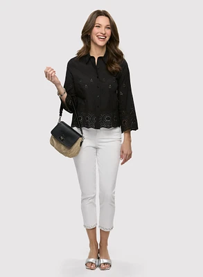 Eyelet Detail Button Down Blouse & Stud Detail Capris