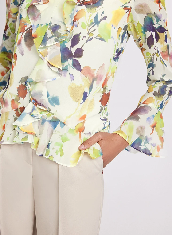 Floral Ruffle Front Blouse