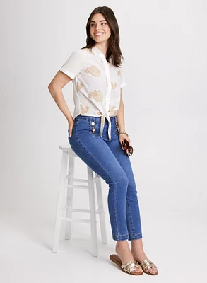 Paisley Embroidery Blouse & Button Trim Jeans