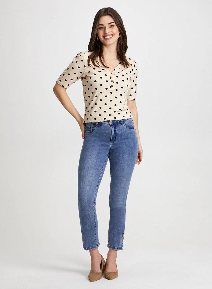 Polka Dot V-Neck Top & Button Hem Jeans