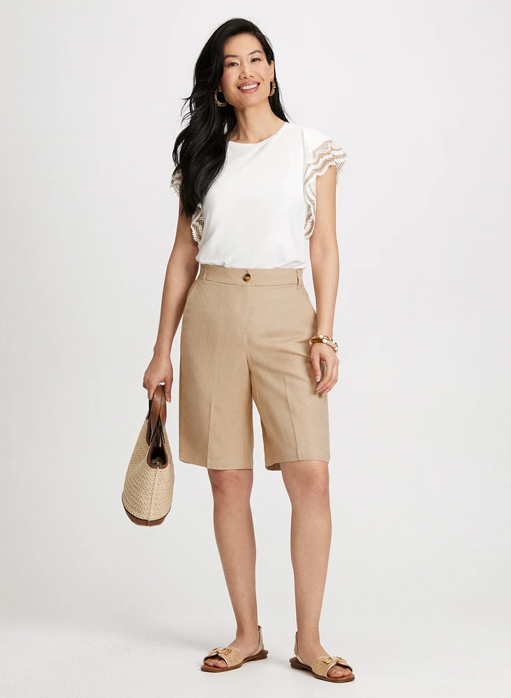 Straight Leg Linen-Blend Shorts