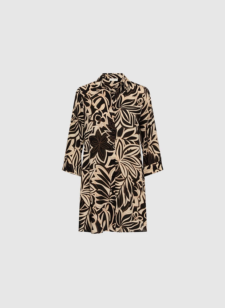 Leaf Print Button-Up Blouse