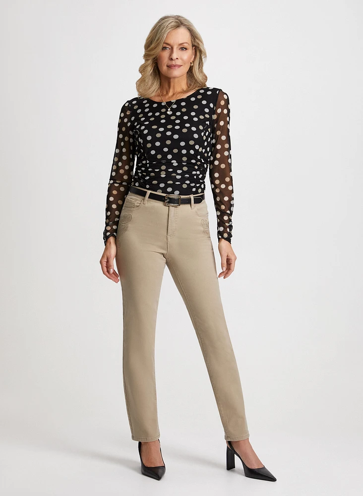 Sheer Sleeve Dot Top & Straight Leg Jeans