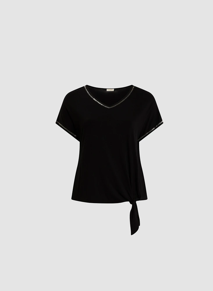 V-Neck Tee With Beaded Trim