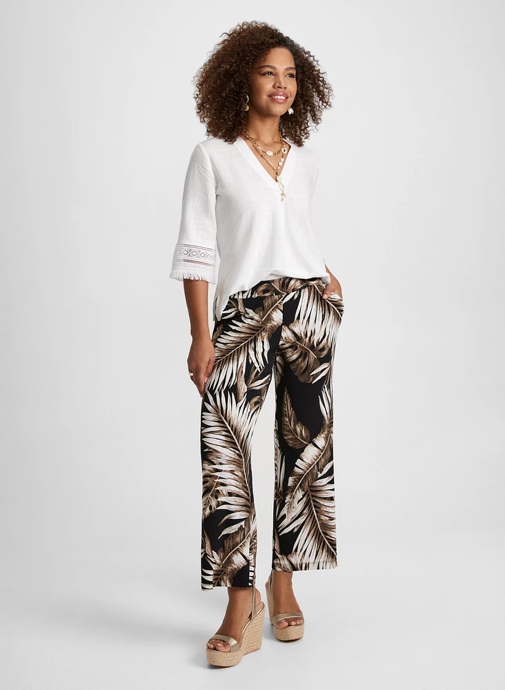Blouse en mélange de lin avec manches à broderies et franges
