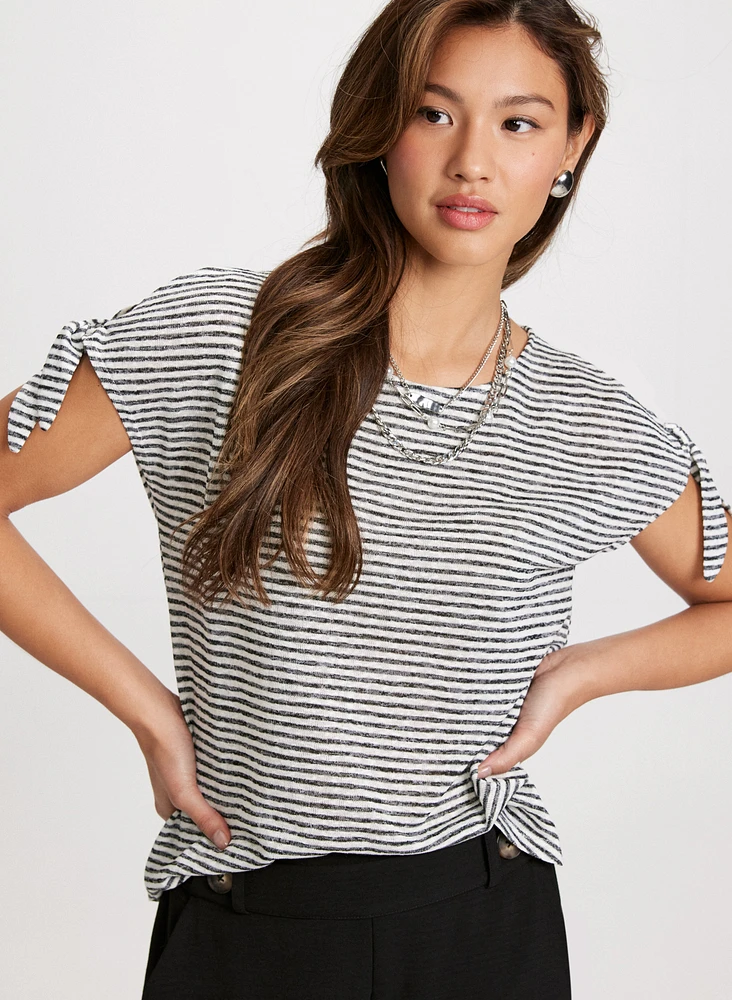 Knotted Sleeve Striped T-Shirt