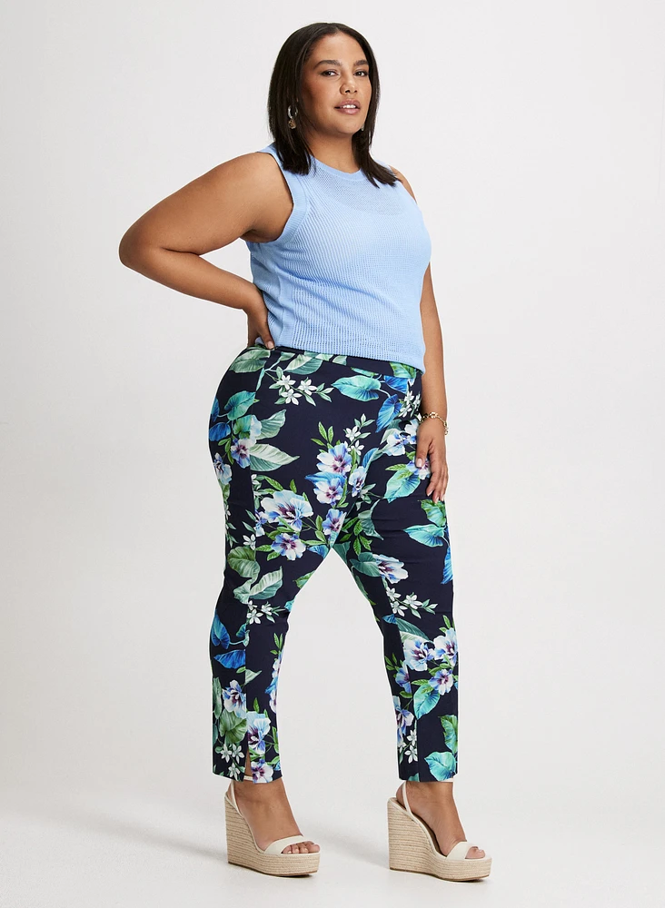 Sleeveless Open Knit Top & Pull-On Floral Ankle Pants