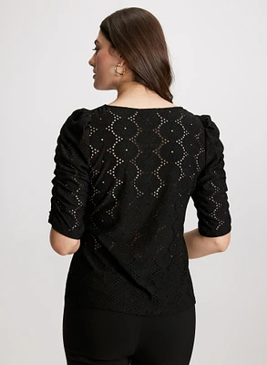 Shirred Sleeve Eyelet Top