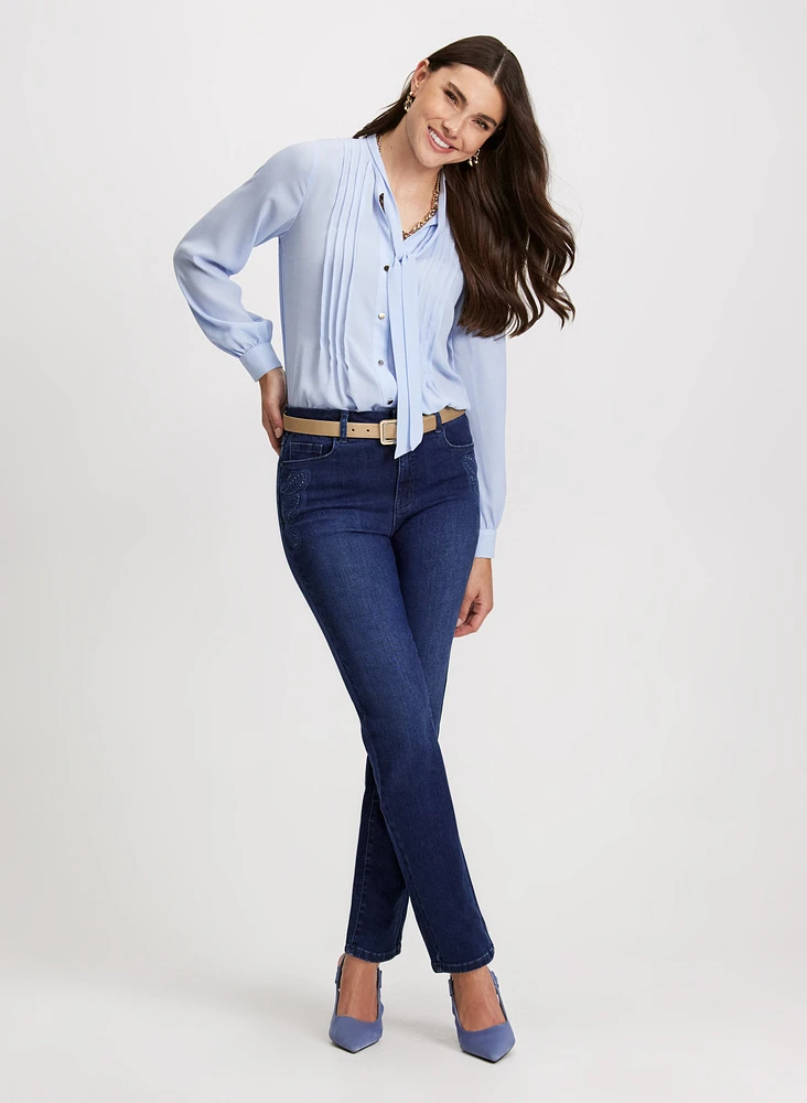 Pintuck Blouse & Embroidered Straight Leg Jeans