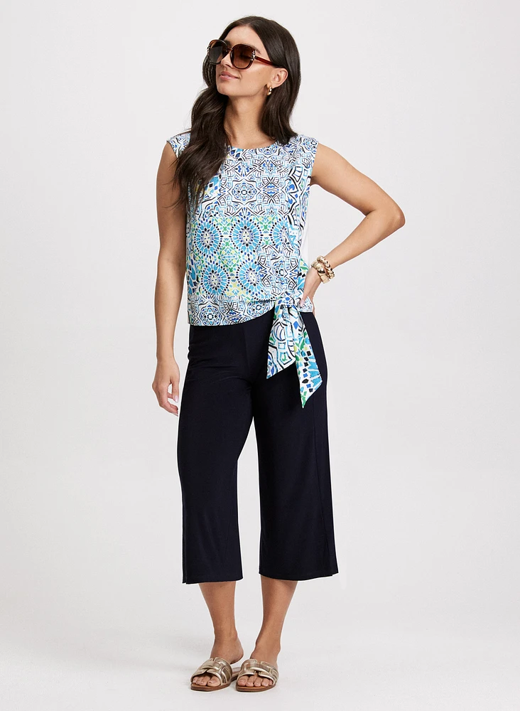 Tied-Hem Mosaic Print Top & Pull-On Capri Pants