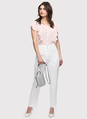 Ruffle Front Cap Sleeve Blouse & Straight Leg Pants