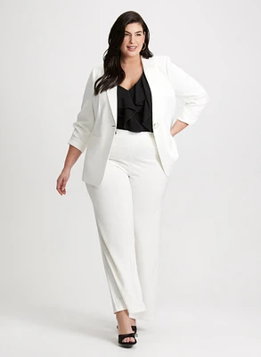 Single Button Blazer, Sleeveless Ruffle Top & Flared Pull-On Pants