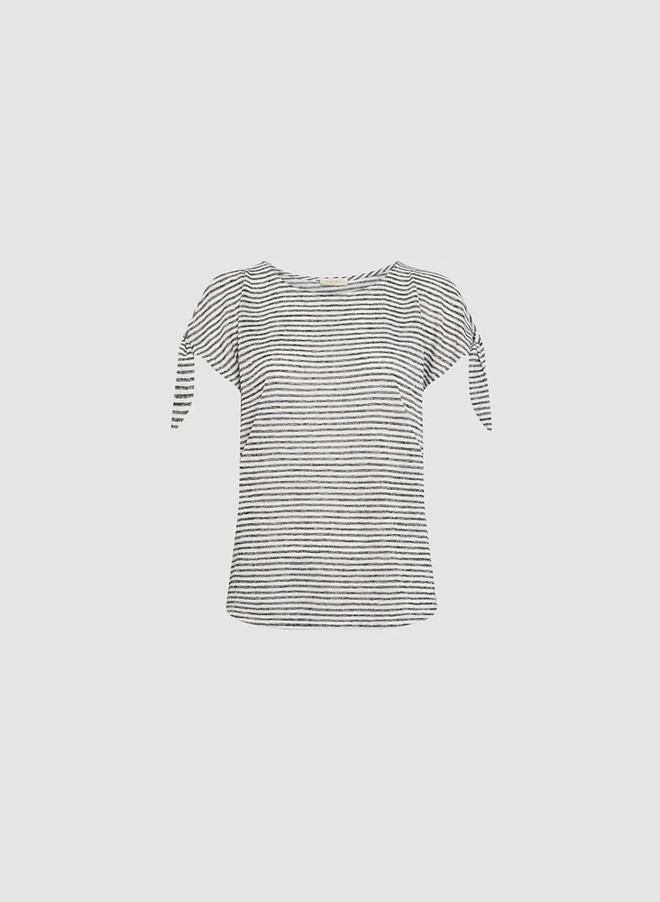 Knotted Sleeve Striped T-Shirt