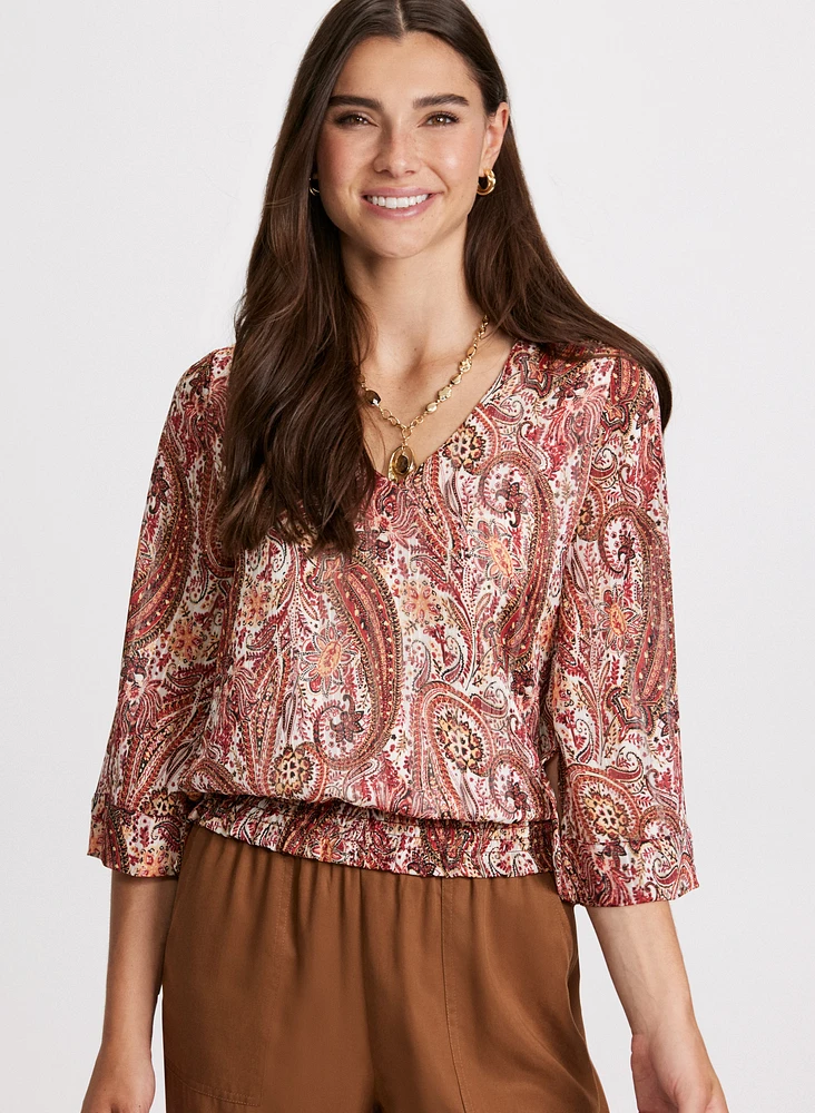 Blouse à motif paisley et taille froncée