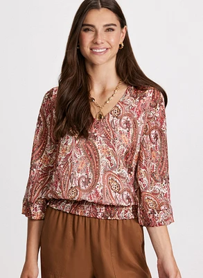 Paisley Print Smocked Waist Blouse