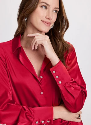 Satin Rhinestone Button Blouse