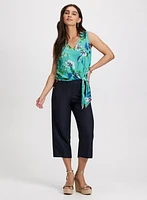 Tied-Hem Floral Print Blouse & Wide Leg Linen-Blend Capris