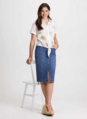 Button Down Paisley Embroidery Blouse & Slit-Hem Denim Skirt