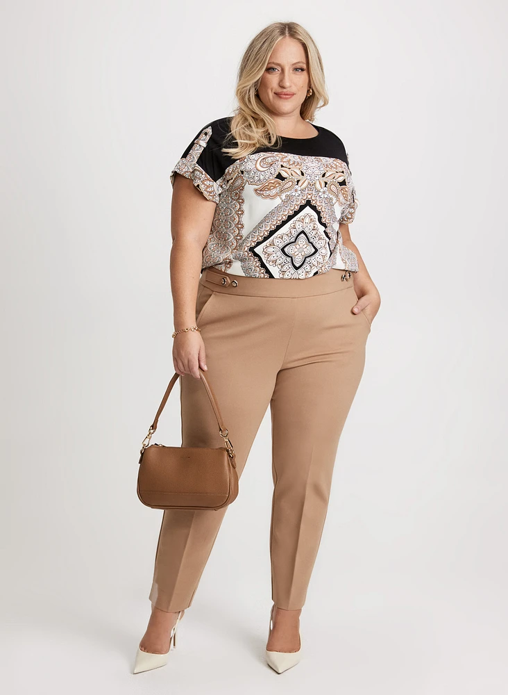 Diamond Print Drop Shoulder Top & Button Tab Detail Pull-On Pants