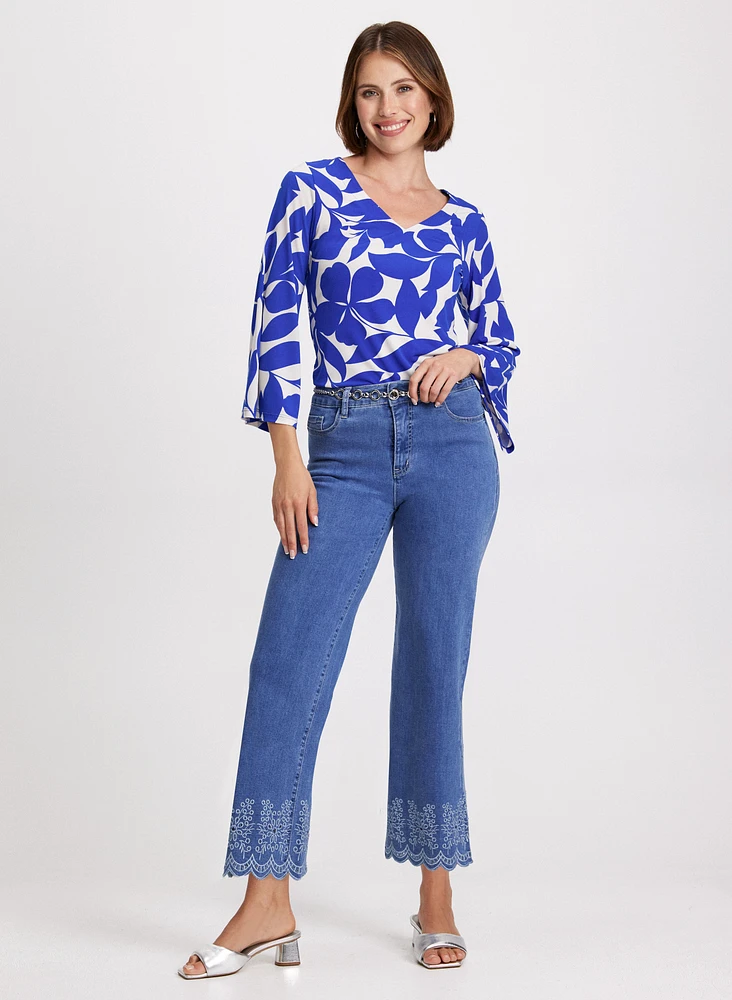 Bell Sleeve Top & Embroidered Hem Jeans